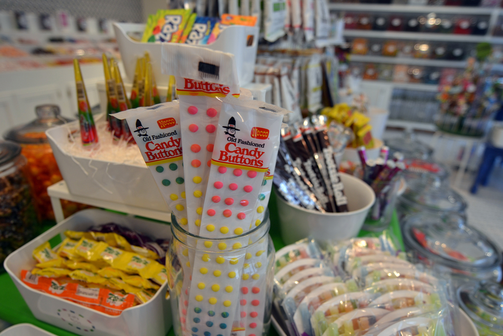 Old-fashioned candy buttons and other retro sweets on display